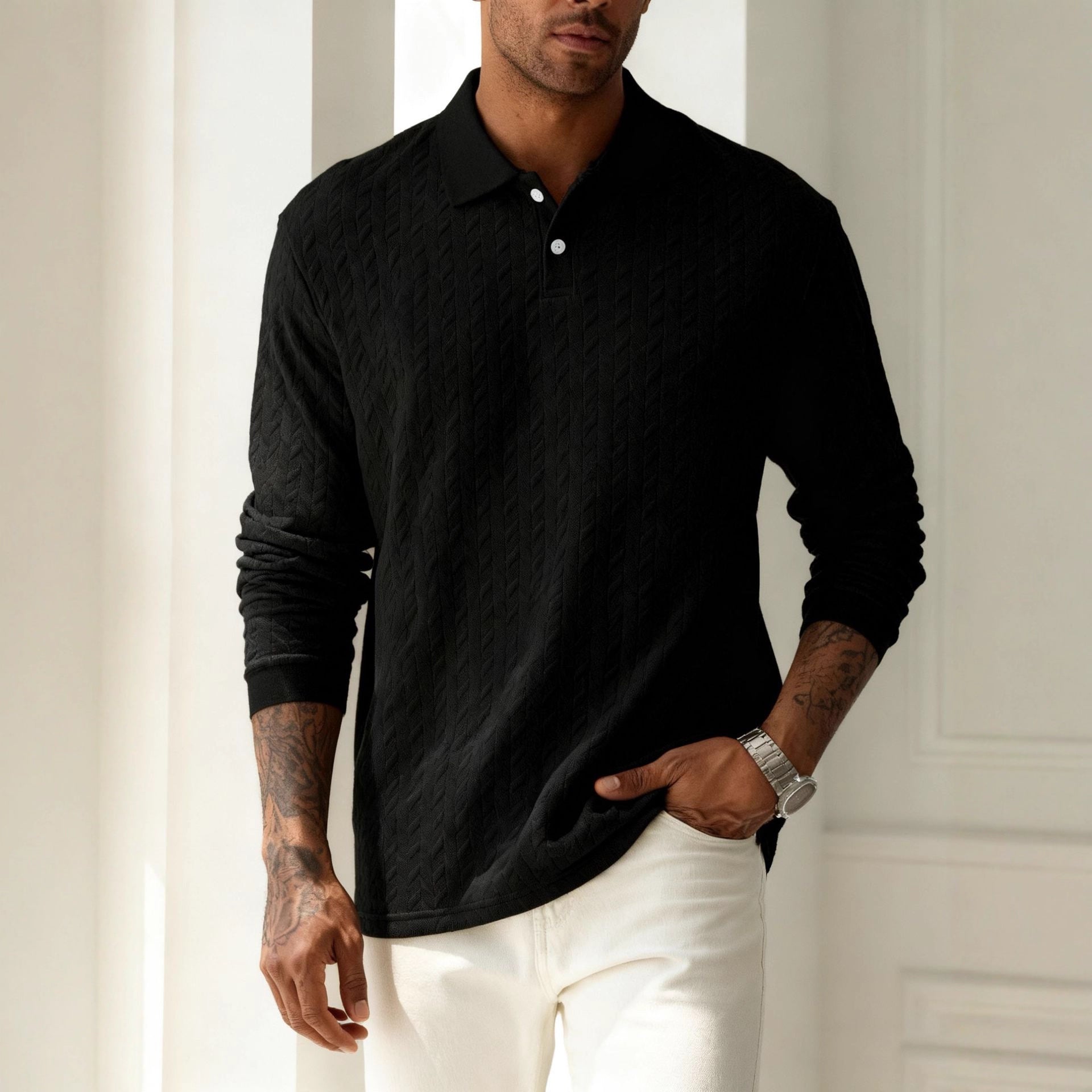 Men's Solid Color Lapel Button-front Long Sleeve Versatile Top